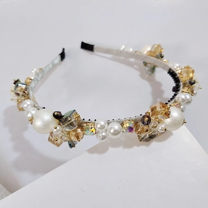 Elegant Handmade Artificial Pearl Crystal Flower Headband For Women Luxury Vintage Satin Wrapped Hair Hoop Wedding Party Hair Accessories