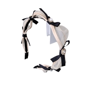 Elegant mesh bow headband with white pearls and vintage rhinestone buckle decoration