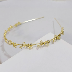 Elegant Gold Floral Metal Headband With Artificial Opal Rhinestone French Vintage Sweet Thin Hair Hoop For Women Jewelry