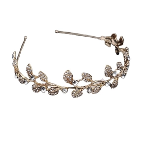 Elegant gold leaf bridal crown with sparkling rhinestones for weddings and parties