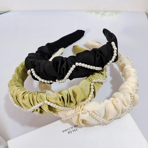 Serre-tête en Satin Froncé Rétro Français Avec Design de Vague en Künstliche Perles Artificielles Élégant Accessoire Cheveux Femme