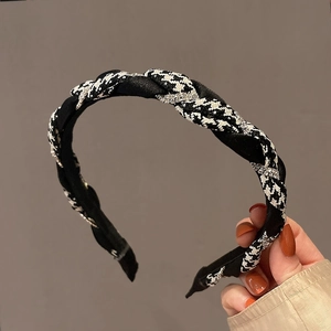 Women Elegant Houndstooth Rhinestone Braided Hairband Black Satin Twisted Wide Headband Hair Hoop Accessories For Party
