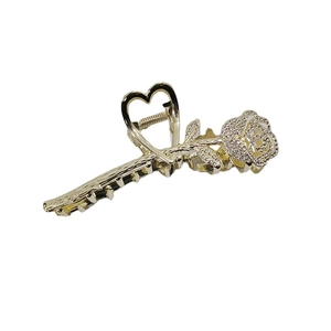 Elegant gold metal rose hair claw clip with rhinestones and heart shaped cutout design
