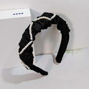 Serre-tête vintage français en satin noir avec perles blanches élégantes pour femme