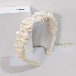 Serre-tête plissé crème vintage français orné de perles blanches au style élégant