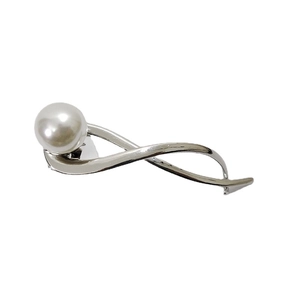 Elegante fermaglio per capelli in metallo argento con grande perla bianca e design intrecciato