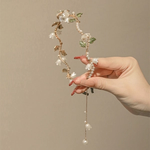 Serre-tête Floral Muguet Élégant Avec Gland en Künstliche Perles Bandeau Cheveux en Métal Doré pour Femmes Accessoires Cheveux Style Fée