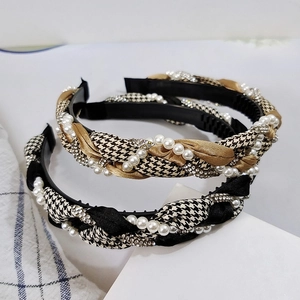 Vintage Houndstooth Twisted Woven Headband With Rhinestone Artificial Pearl For Women Elegant Satin Fabric Non Slip Hair Hoop Accessories