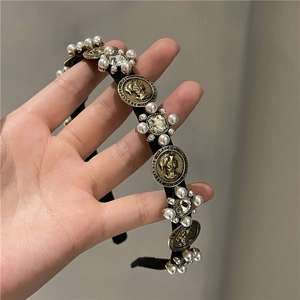 Barock Retro Königin Münze Stirnband Mit Kunstperlen Strass Blumen Antike Bronze Schwarzes Haarband Für Damen Party Schmuck