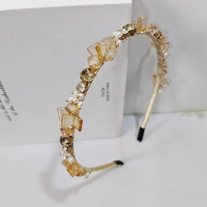 Elegant gold headband with champagne crystals and white pearls for formal party wear