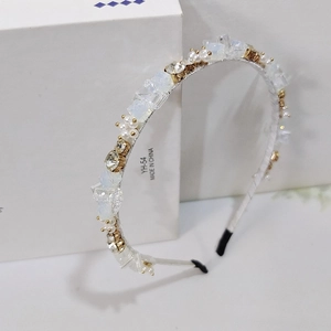 Elegant woven rhinestone headband with white pearls and crystal beads for women