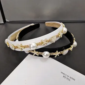 French Vintage Satin Headband With Faux Artificial Pearl Gold Starfish Shell Heart Elegant Hair Hoop For Women Party Vacation Jewelry