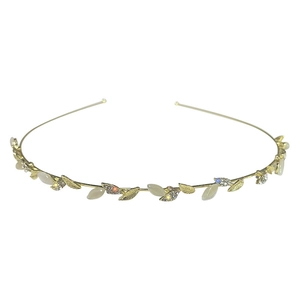 Serre-tête vigne doré élégant avec feuilles de cristal et pierres blanches sur blanc
