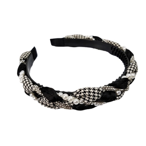 Houndstooth braided headband with elegant pearls and rhinestones on white background