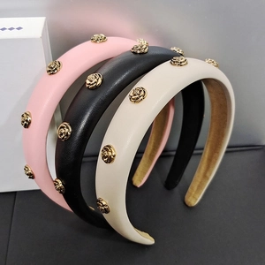 Vintage Camellia Padded Headband Faux Leather Fabric Hair Hoop With Gold Metal Rose Flower Elegant Retro Hair Accessories For Women
