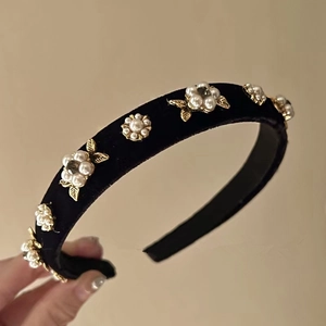 Serre-tête Satin Camélia Vintage Baroque Fausse Künstliche Perle Feuilles Alliage Or Élégant Français Femme Bijoux Cheveux
