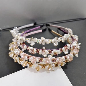 Women Elegant Flower Imitation Artificial Pearl Rhinestone Headband Handwoven Satin Covered Hairband For Wedding Party Hair Accessories