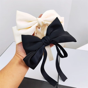 French style satin bow hair clip with elegant long ribbons in black and beige colors