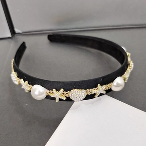 French style pearl headband with golden starfish and shells on black satin base