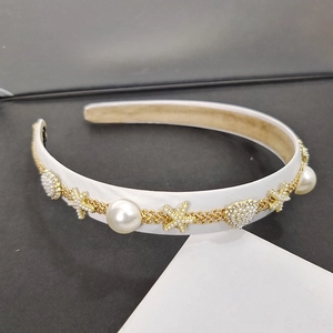 Elegant French style headband with white satin, pearls and nautical gold charms