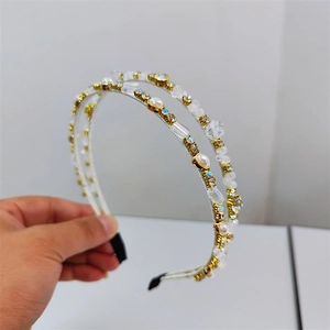 Double-row crystal and pearl headband with elegant gold frame and non-slip tips