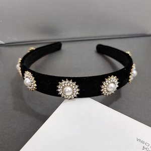 Elegant black velvet headband with gold sunflower pearls and rhinestones accessory