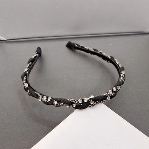 French black braided headband with sparkling rhinestones and elegant chain twist design