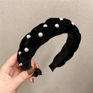 Vintage Braided Black Velvet Padded Headband For Women With Artificial Pearls Rhinestones Elegant Hair Hoop Accessories
