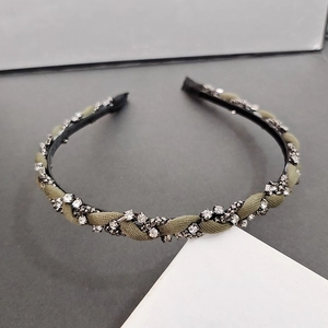 French style braided headband with rhinestones and army green twill fabric detail