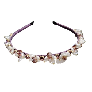 Exquisite purple satin headband with handcrafted pearls and sparkling marquise rhinestones