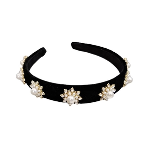Elegant black velvet headband with vintage pearl and rhinestone snowflake decorations