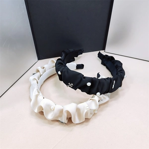 Vintage Satin Ruched Headband With Faux Artificial Pearl Silver Cross Charm Retro Pleated Hair Band For Women Hair Accessories