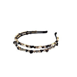 Elegant double-layer headband with white pearls and sparkling crystals on black frame