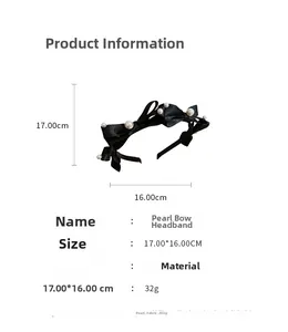 Detail view of pearl bow headband with dimensions 17x16cm and 32g weight specifications