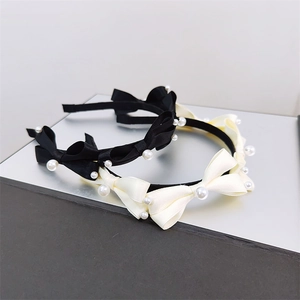 French Elegant Satin Bowknot Headband With Artificial Pearls For Women Vintage Hair Hoop Stylish Sweet Hair Accessories