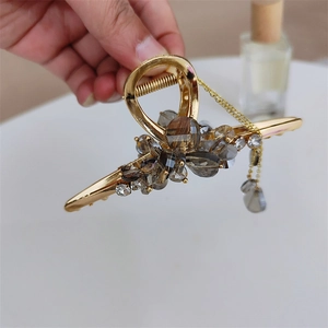 Grande Pince à Cheveux en Alliage d'Or Style Coréen avec Long Gland Fleur en Cristal Artificiel Gris Fumé Femme