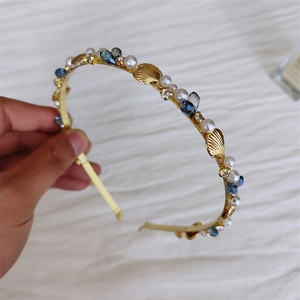 Golden Alloy Marine Style Headband With Faux Artificial Pearl Rhinestone Shell Decoration Elegant Women Hair Accessories Hair Hoop