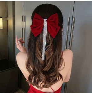 Elegant Bowknot Hair Clip With Long Rhinestone Tassel Velvet Style Fabric Spring Clip Wedding Bridal Party Hair Accessories