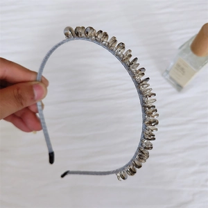 Elegant French style leaf crystal headband with grey beads and blue fabric wrap