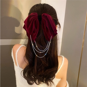 French Style Velvet Bow Hair Clip Elegant Rhinestone Tassel Spring Clip For Women Vintage Luxurious Fabric Hair Accessory