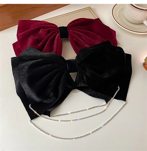 French velvet bow hair clips with silver rhinestone tassels in black and burgundy red