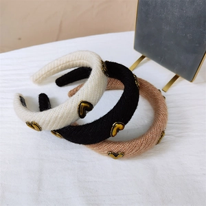 Women Korean Style Knit Headband Sweet Gold Heart Decor High Top Thick Hair Hoop Vintage Handmade Hair Accessories