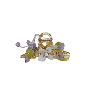 Golden lily of the valley metal hair claw with purple beads and pearl tassels