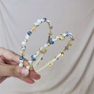 Ocean Theme Golden Alloy Headband With Faux Artificial Pearl Blue Crystal Starfish Sea Shell Charms For Women Bohemian Vacation Accessory