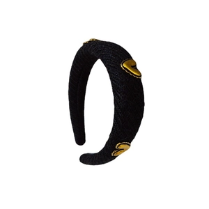 Elegant black knit headband featuring decorative golden heart metal charms for women