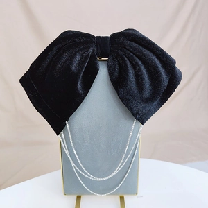 Elegant large black velvet bow hair clip with sparkling rhinestone tassel chains