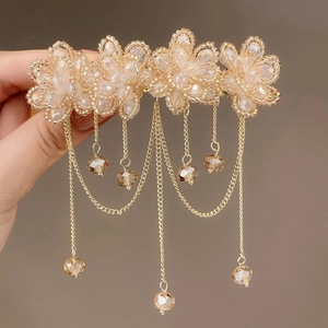 Women Elegant Artificial Crystal Flower Tassel Hair Clip Handmade Alloy Bead Spring Clip Bridal Wedding Party Hair Accessories