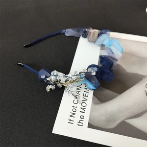 Elegant Gradient Blue Chiffon Pleated Headband With Crystal Branch Gold Alloy Handmade Hair Hoop For Women Hair Accessory