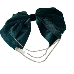 Elegant large velvet bow hair clip in dark green with sparkling rhinestone tassels
