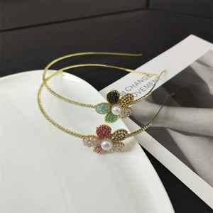 Koreanischer Stil Blumen Haarreif Für Damen Gold Legierung Strass Haarband Mit Imitationsperlen Künstliche Perlenblume Haarschmuck